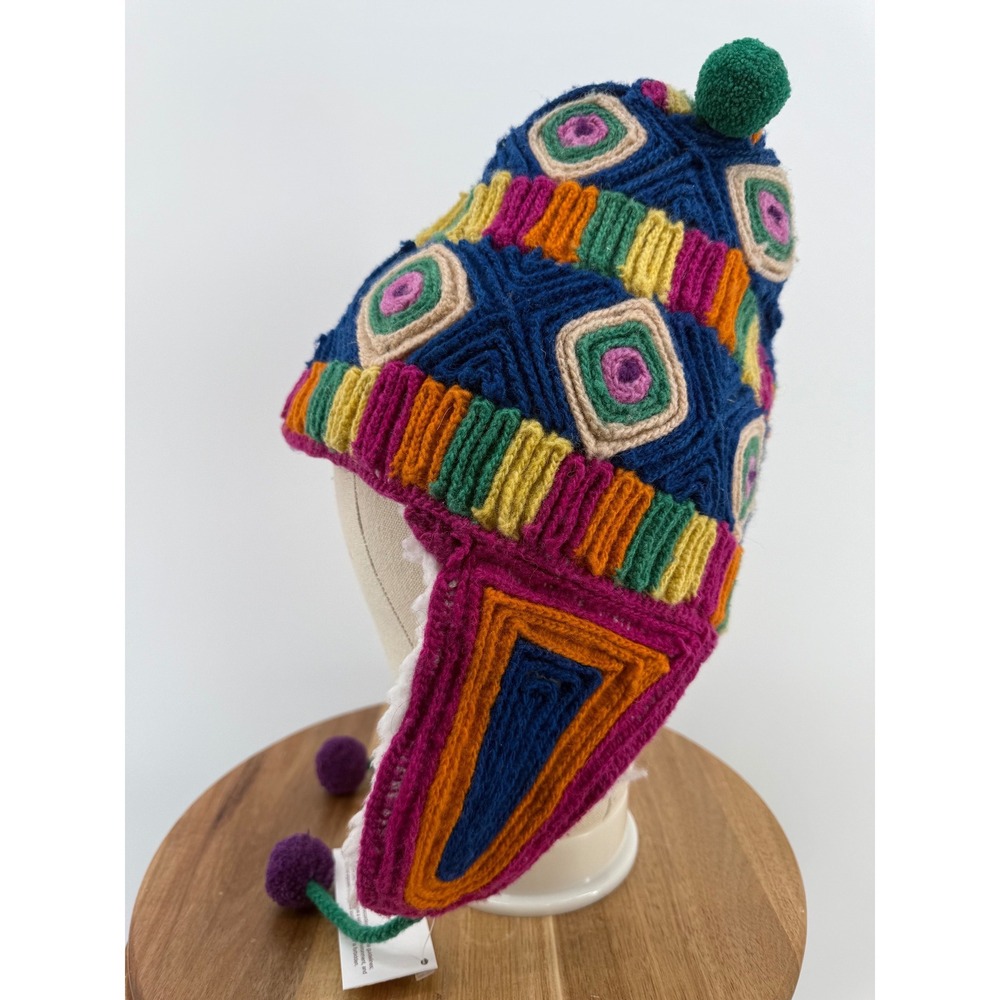 Jenny Krauss Whimsy‎ Rainbow Multicolor Earflap Hat Wool Lined Pom Pom - Picture 4 of 6